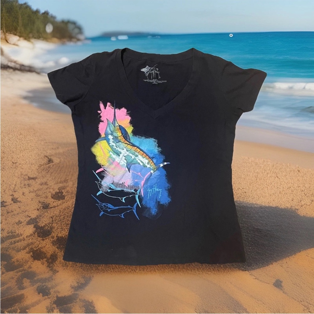 Guy Harvey Black Short Sleeve V-Neck T-Shirt with Blue Marlin